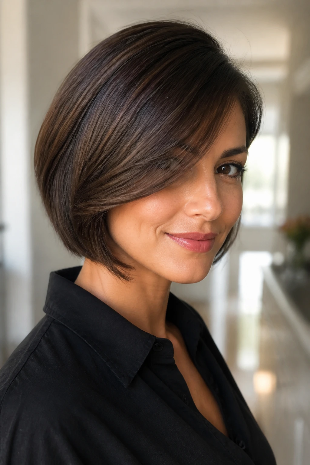 Close-up of a real woman with a side-swept bob