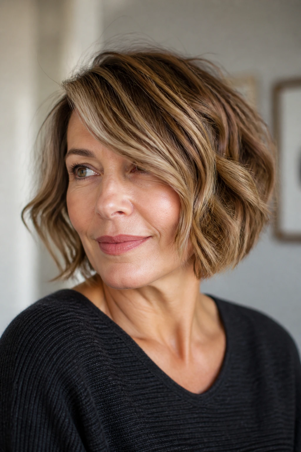 Real woman with side-swept bob and long fringe