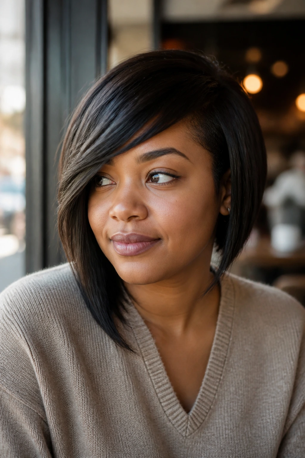 Close-up of woman with side-swept bob and long front pieces by a cafe window