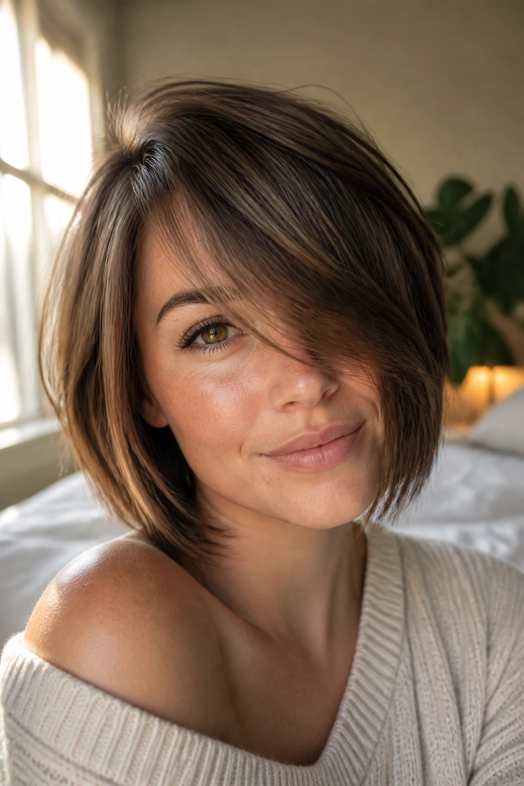 Close-up portrait of a real woman with a diagonal side-swept bob in morning light.