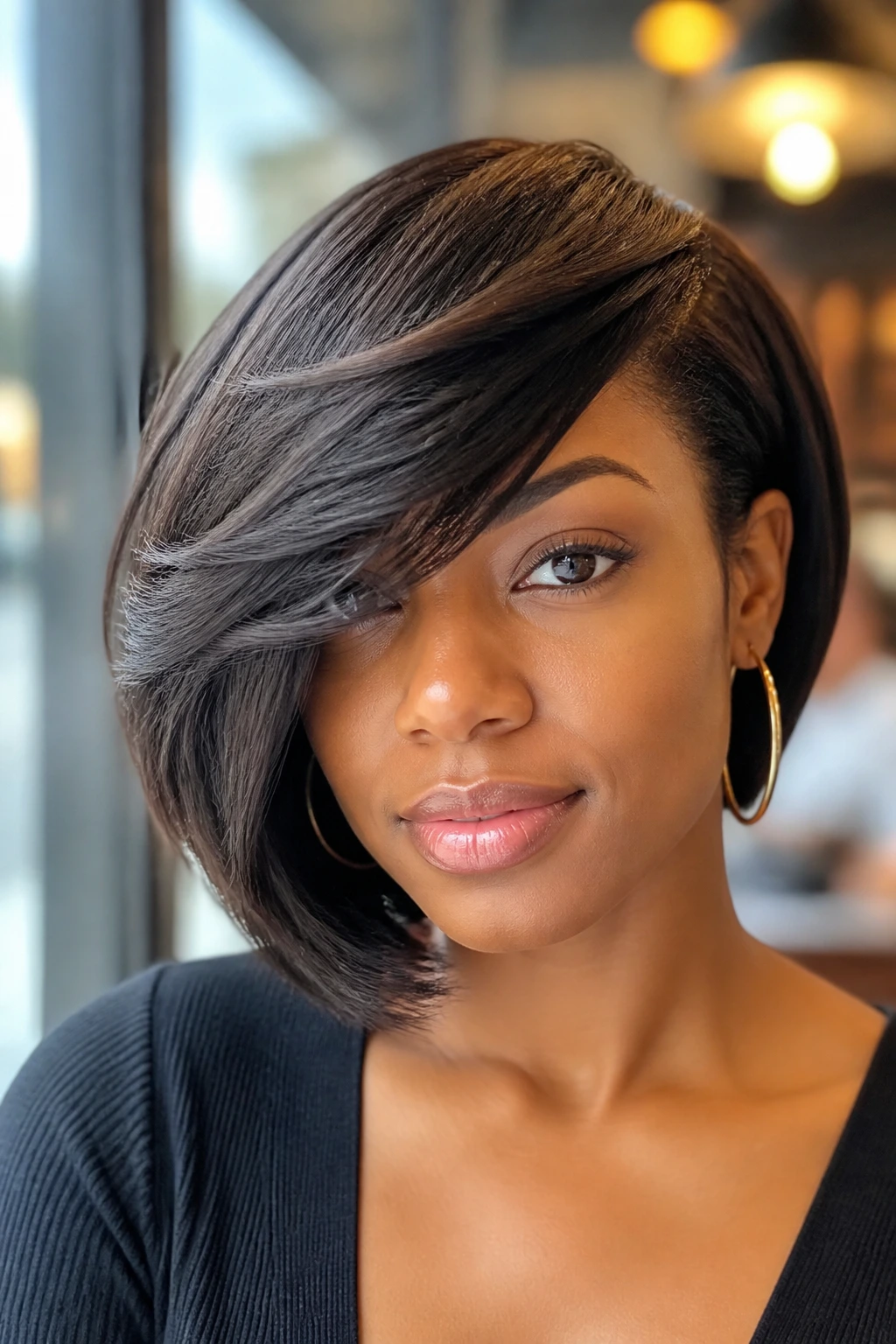 Close-up of a real woman with a swooped side-sweep bob framing the face in natural light.