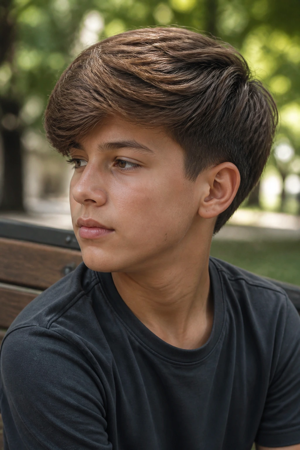 Medium close-up of a boy with a side-swept bob and tapered sides outdoors