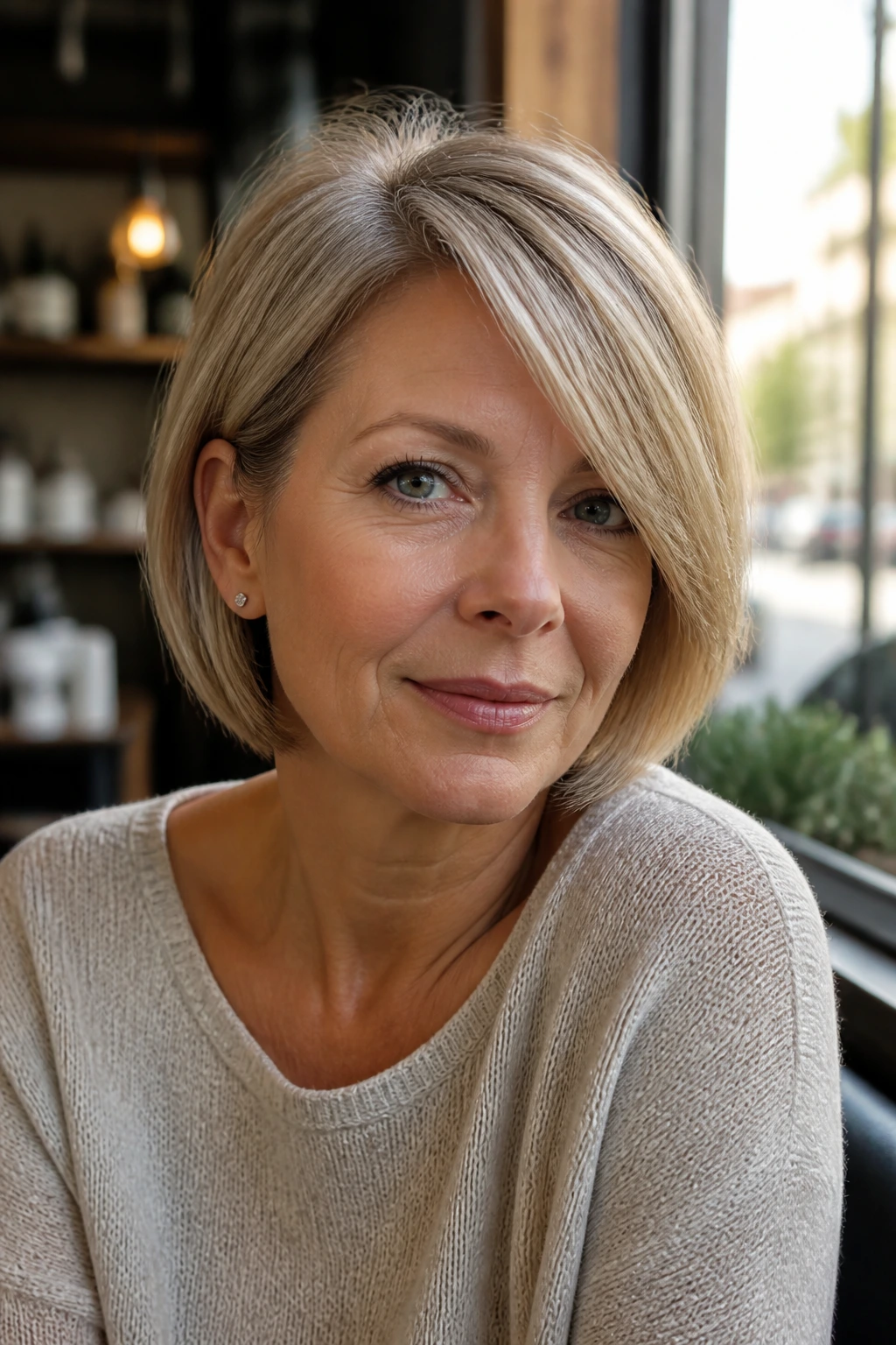Close-up portrait of a real woman wearing a side-swept bob.