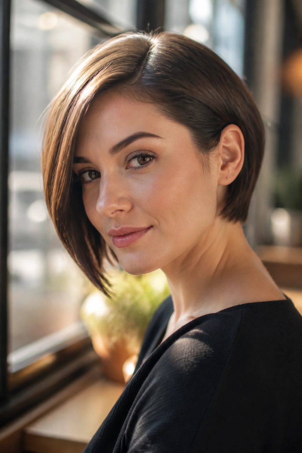 Real person with side-swept bob and tucked ear in warm cafe light