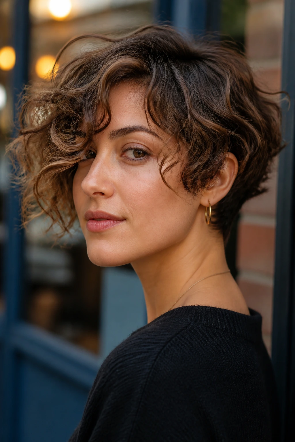Close-up of a real woman's side-swept bob with a tucked nape