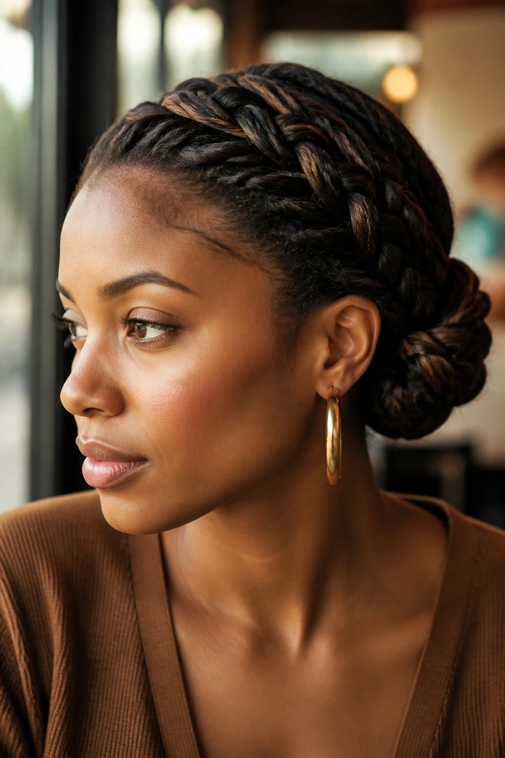 Close-up of a side-swept braid forming a chignon behind the ear