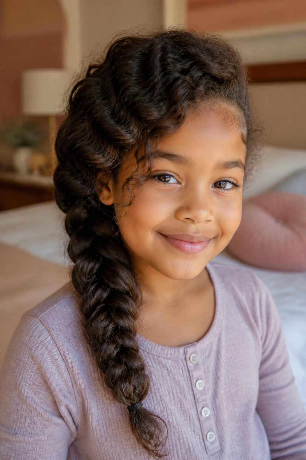 Close-up of a side-swept braid on a curly-haired child indoors