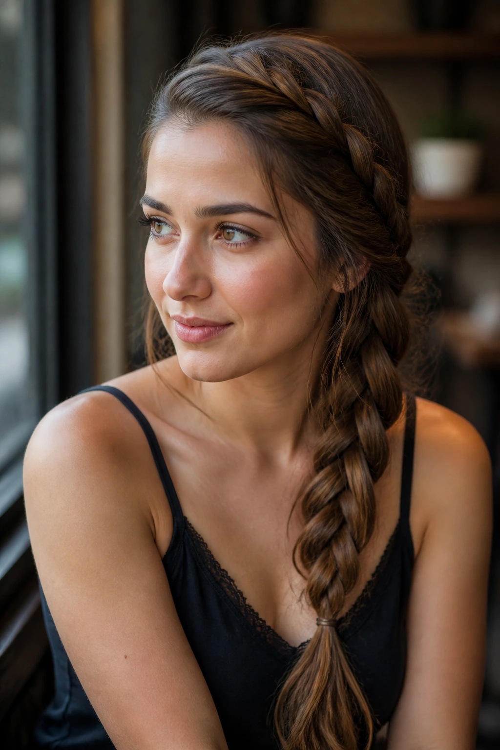 Portrait of a woman with a side-swept French braid over the shoulder
