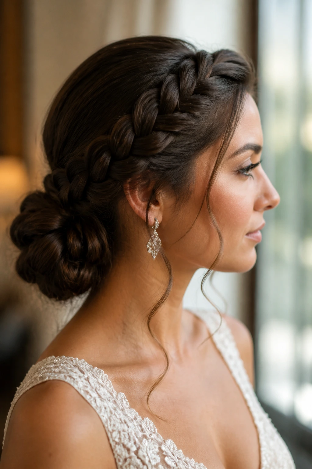 Real woman with side-swept braid feeding into a low bun
