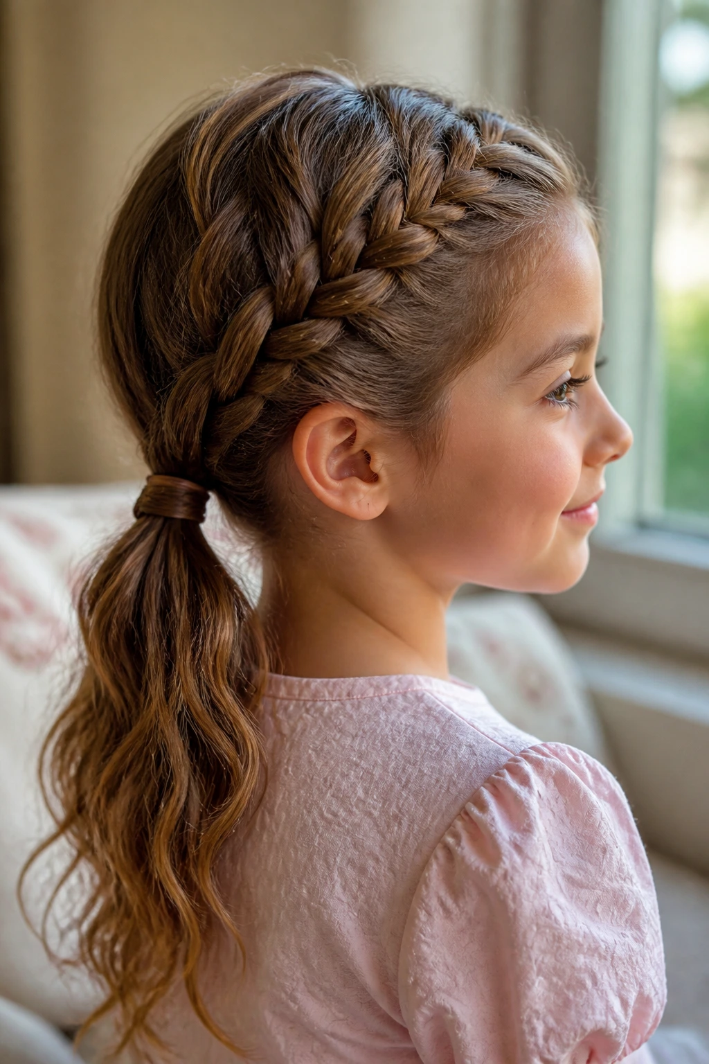 Real child with side-swept braid into a low ponytail