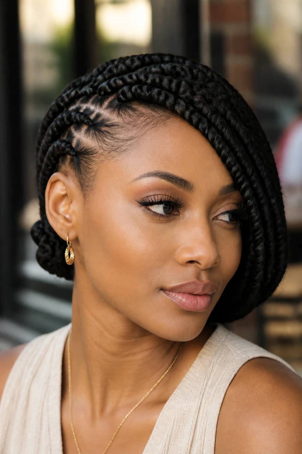 Profile of real woman with side-swept braid tucked behind ear