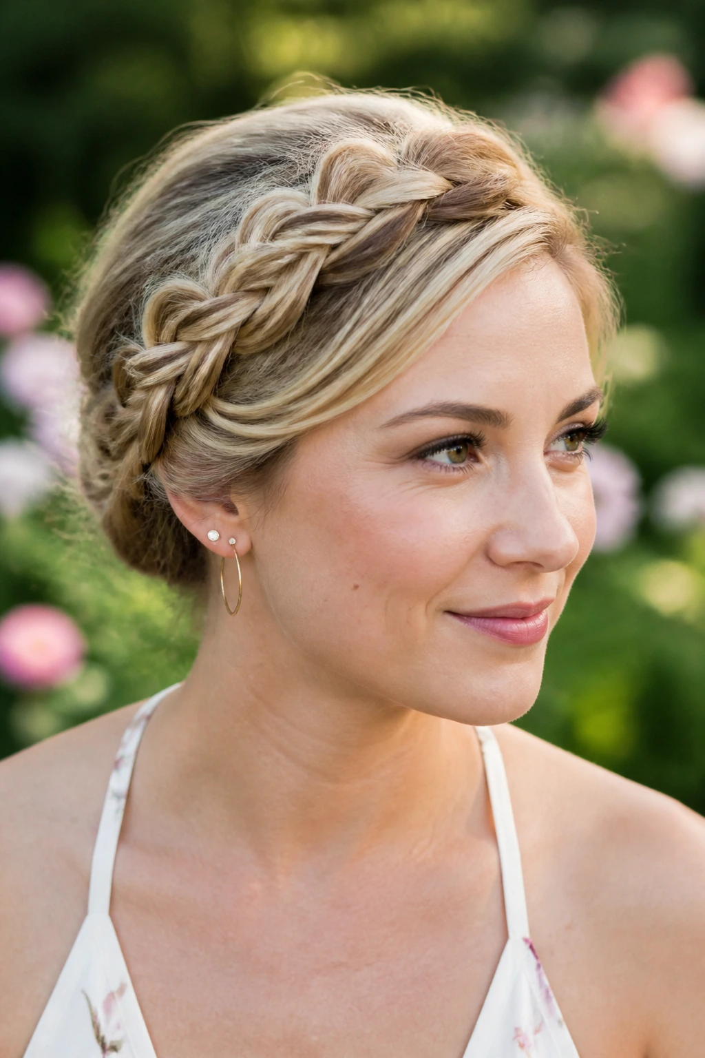 Close-up of a real woman with a side-swept braided crown hairstyle.