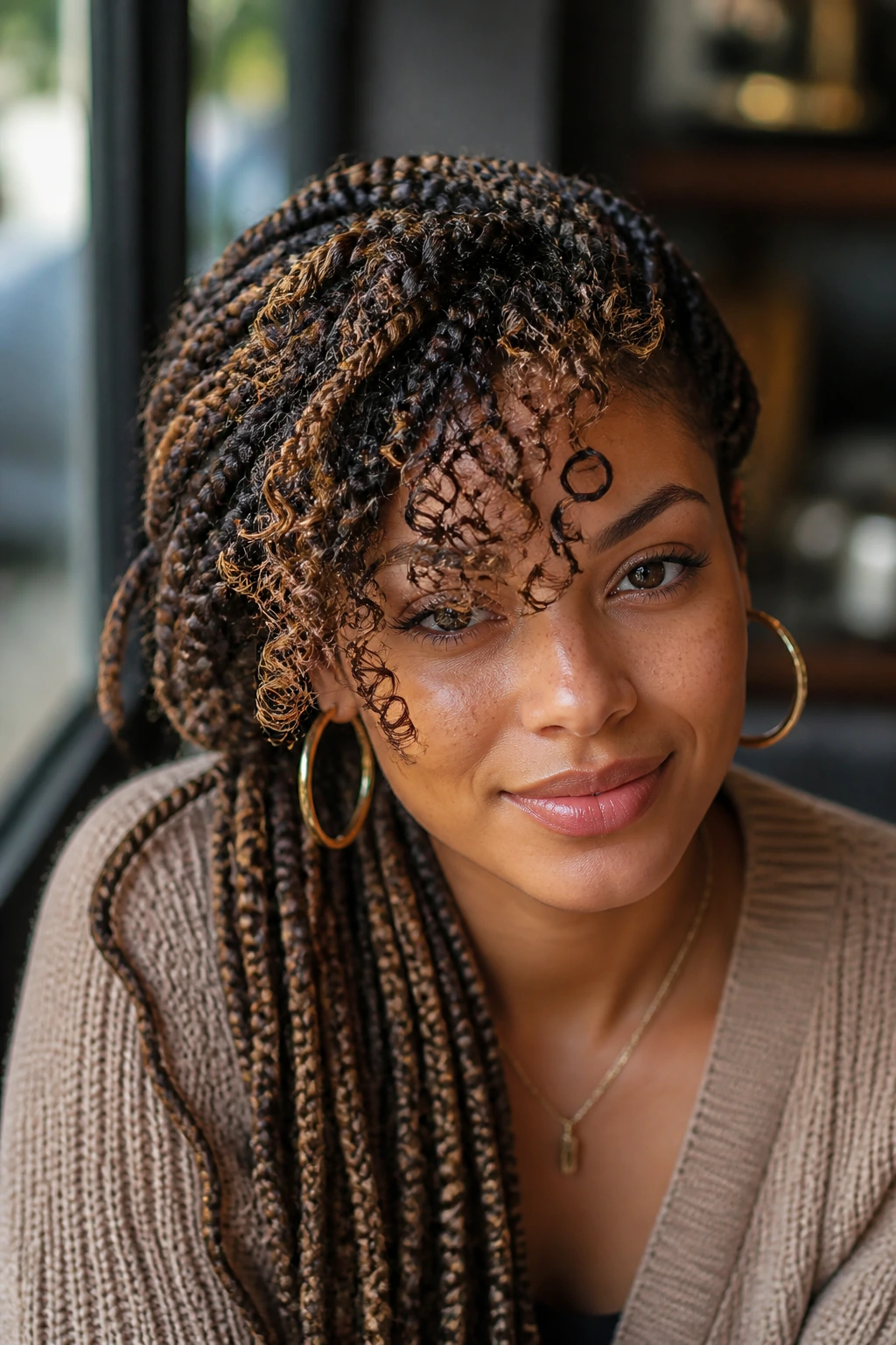 Real woman with side-swept braids and curly fringe featuring caramel highlights.