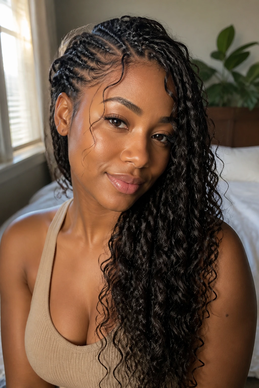 Close-up portrait of a Black woman with side-swept braids over one shoulder