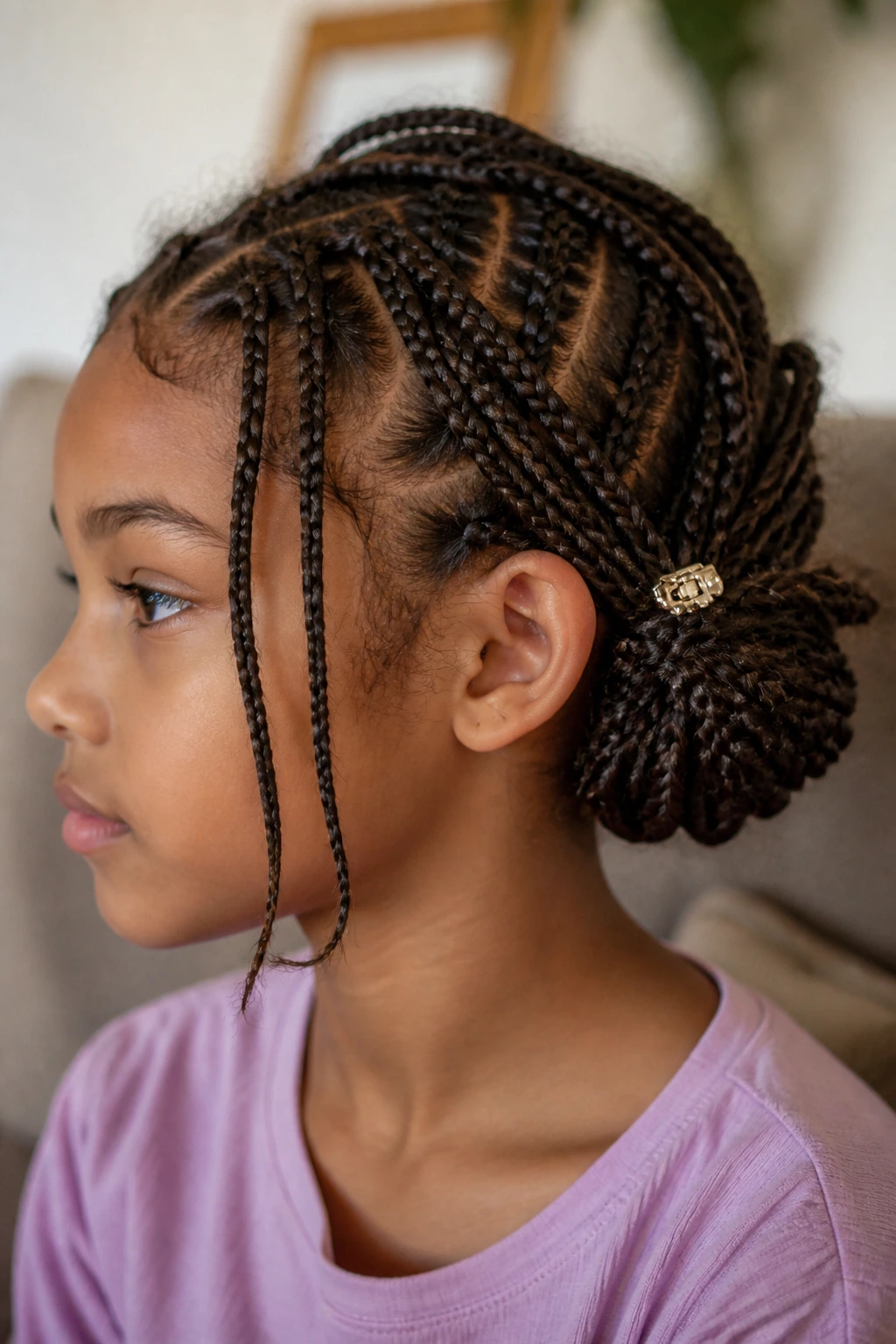 Profile view of a child with a side-swept bun and face-framing braids