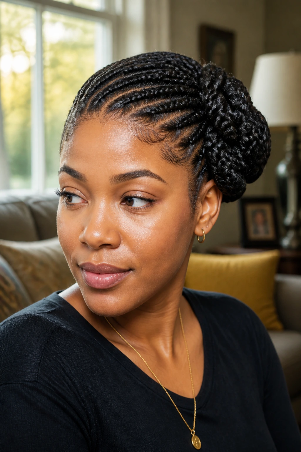 Real woman with side-swept bun braids showing directional braid path