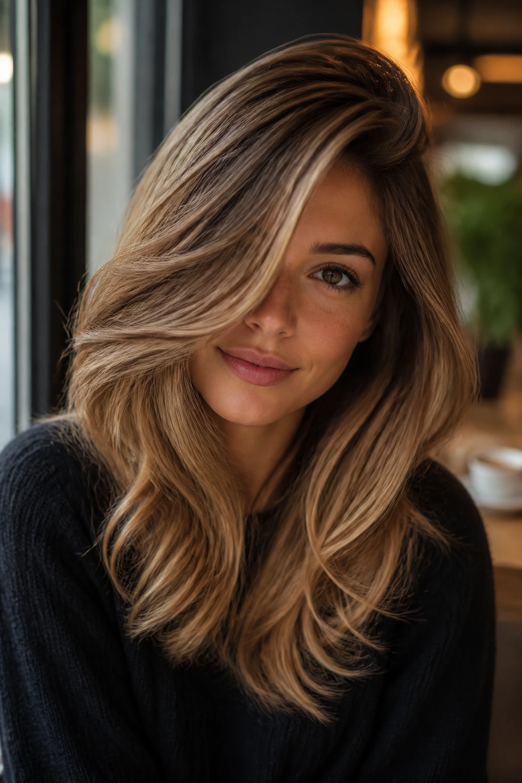 Close-up of real woman with side-swept layers and caramel blonde melt