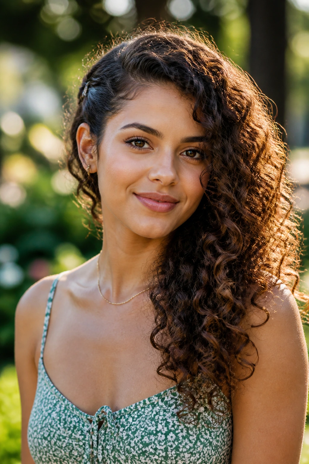 Close-up portrait of a real person with a side-swept cascade of curls over one shoulder