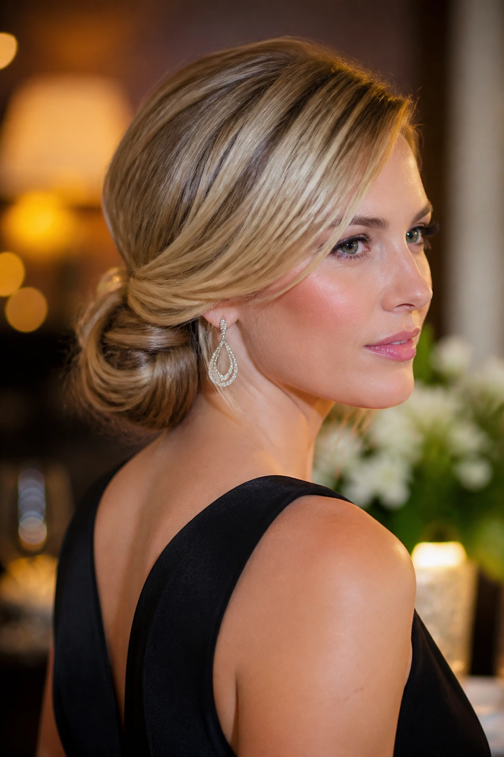 Real woman with side-swept low chignon hairstyle