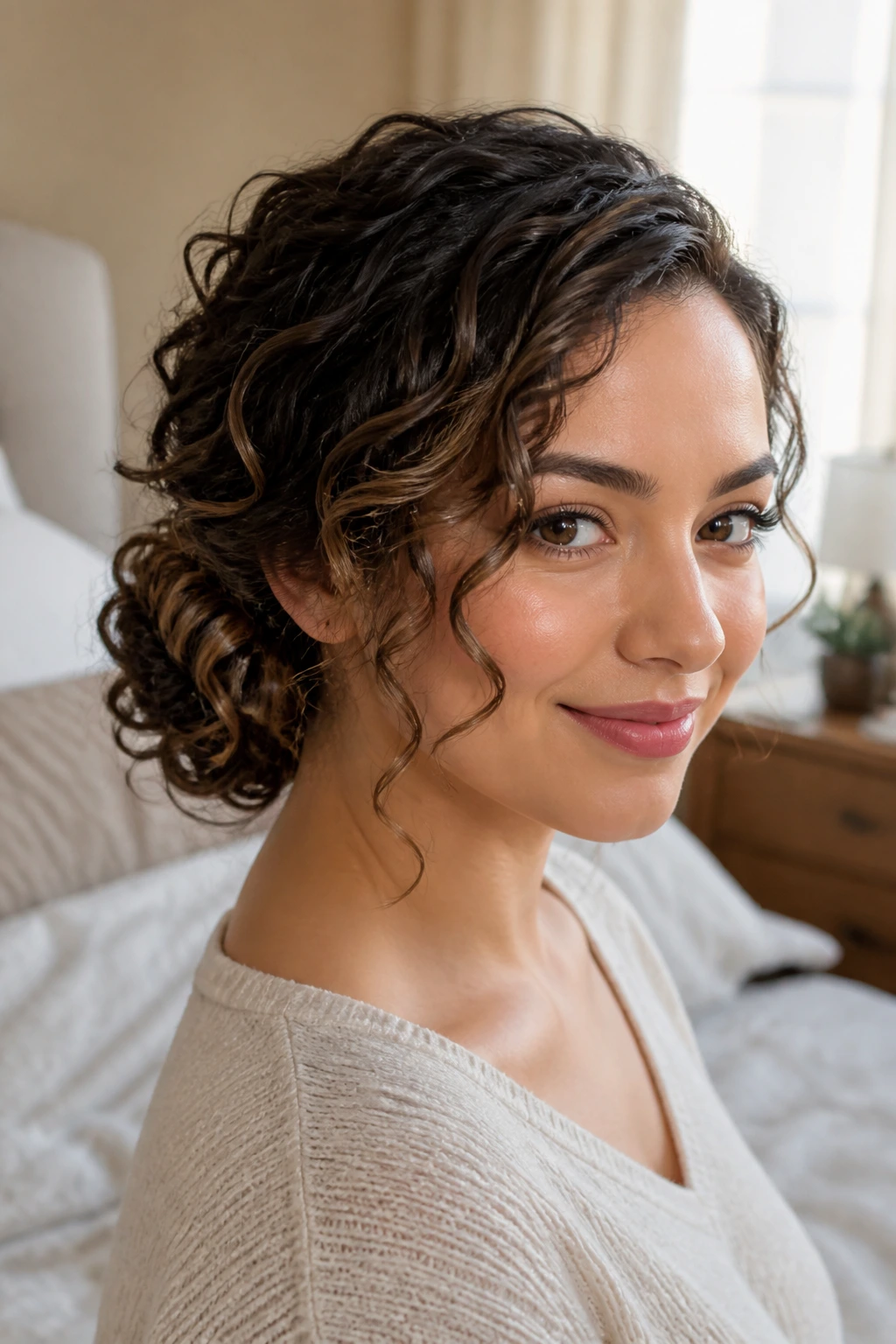 Close-up of a real woman wearing a side-swept curly chignon with curls framing the face.