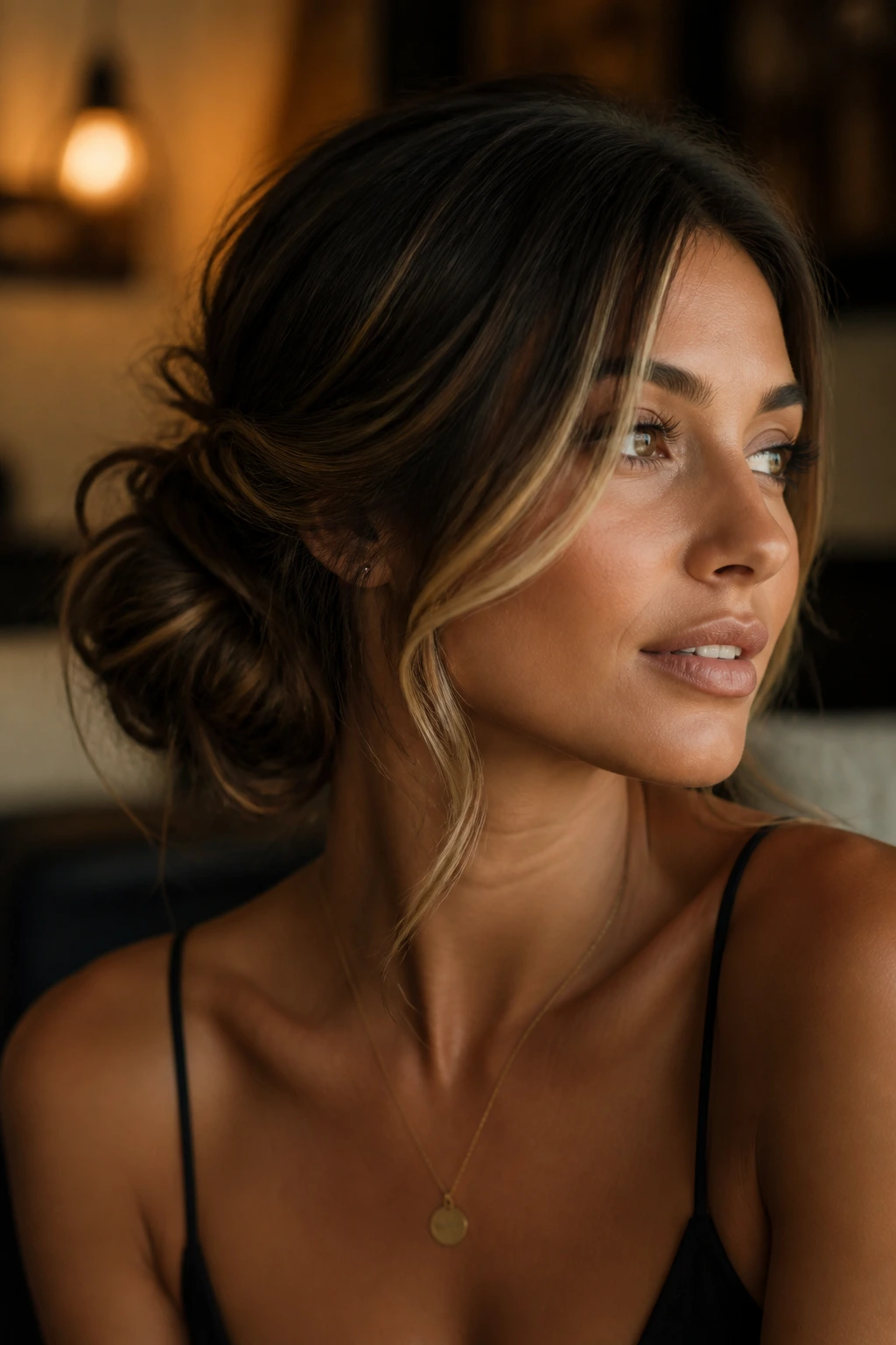 Real woman with a side-swept romantic chignon and money piece highlights