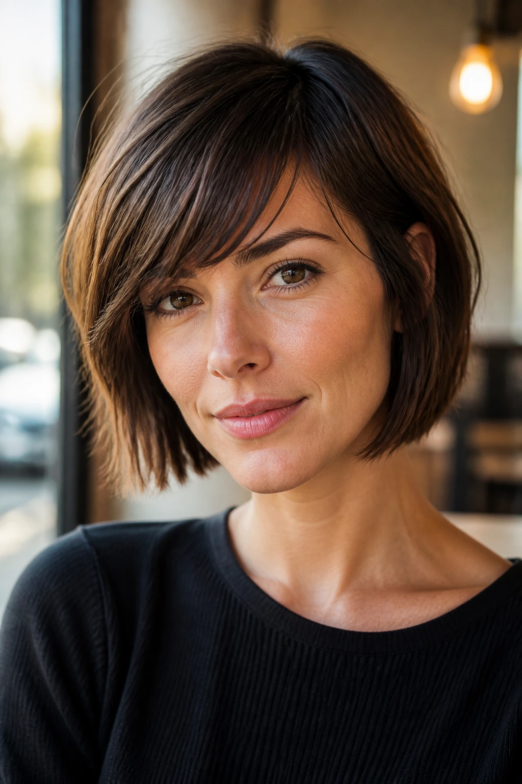 Side-swept choppy bangs on a jaw-length bob in warm daylight at a cafe