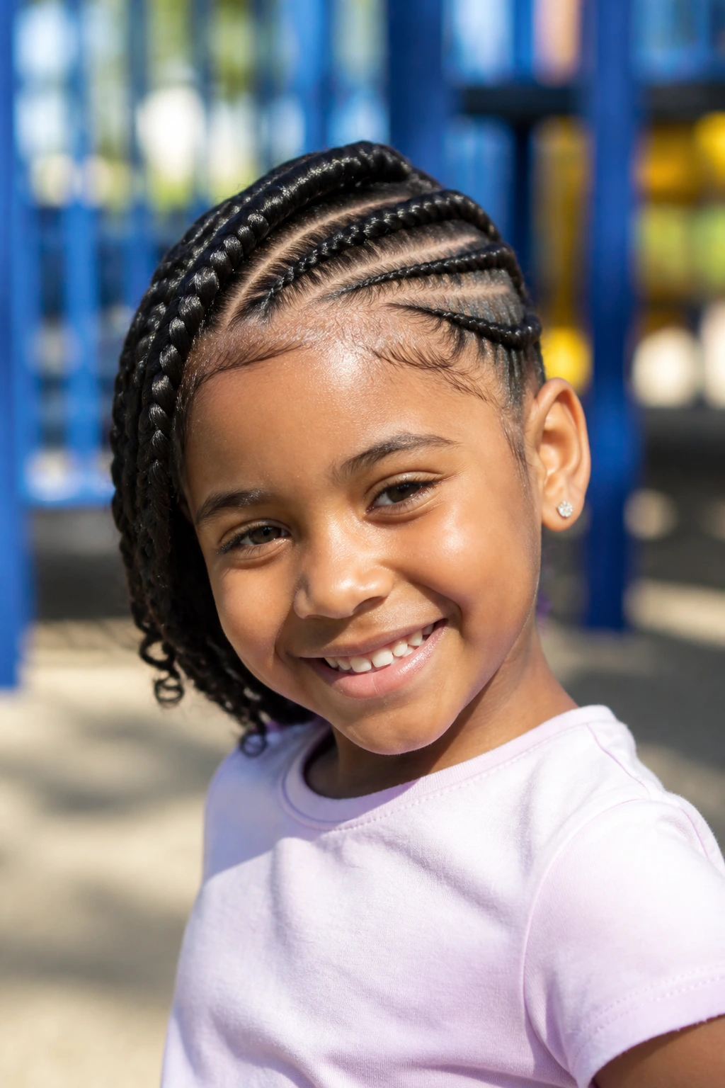 Child wearing side-swept chunky cornrows in a portrait