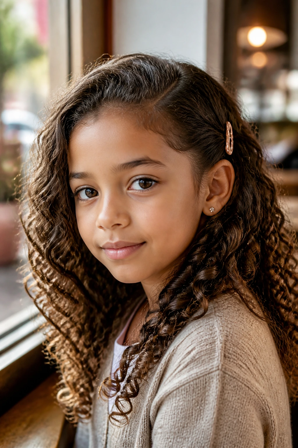 Close-up of a girl with side-swept back and clip near the ear