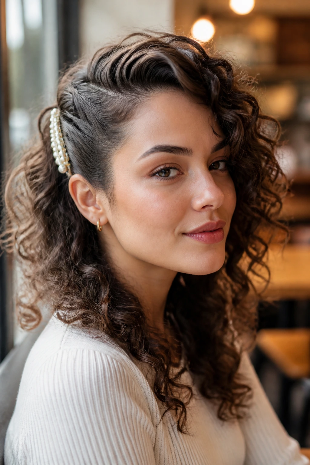 Close-up of a real woman wearing a side-swept clip-back hairstyle with a decorative clip.