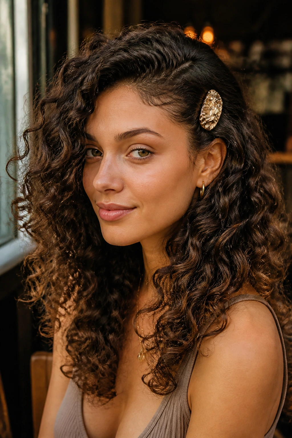 Close-up of a real woman with a side-swept clip-back and a statement pin