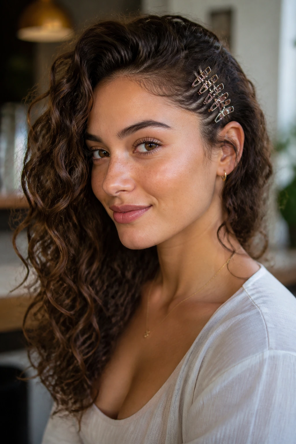 Portrait of a real woman with a side-swept clip stack hairstyle