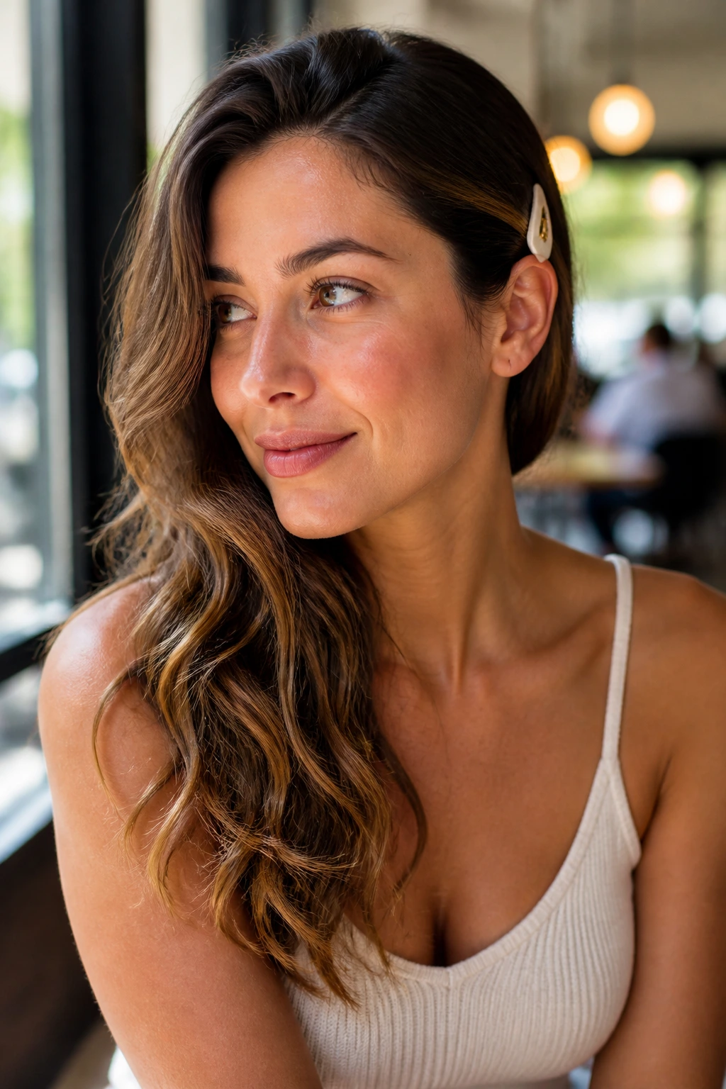 Close-up portrait of a real woman with a side-swept hairstyle secured by a clip and waves.