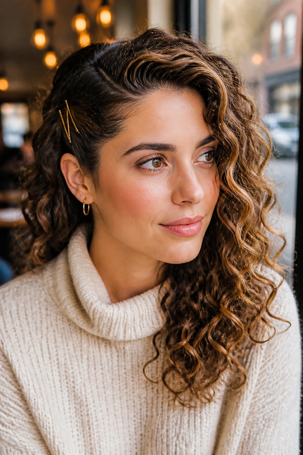 Portrait of a real woman with a deep side part and clip-back hairstyle.