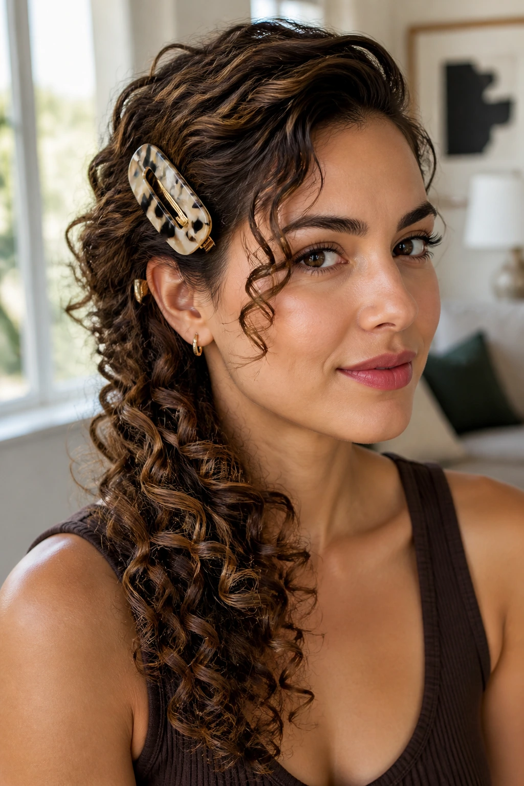 Close-up of a woman with deep side-swept curls pinned with clips.