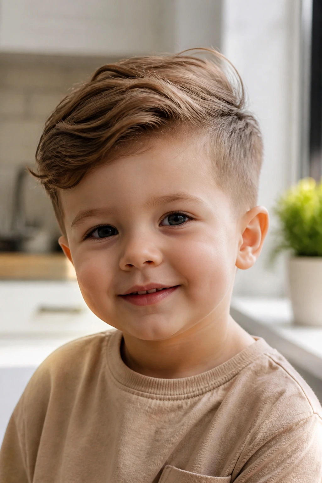 Toddler with side-swept comb over hairstyle in a sunlit home