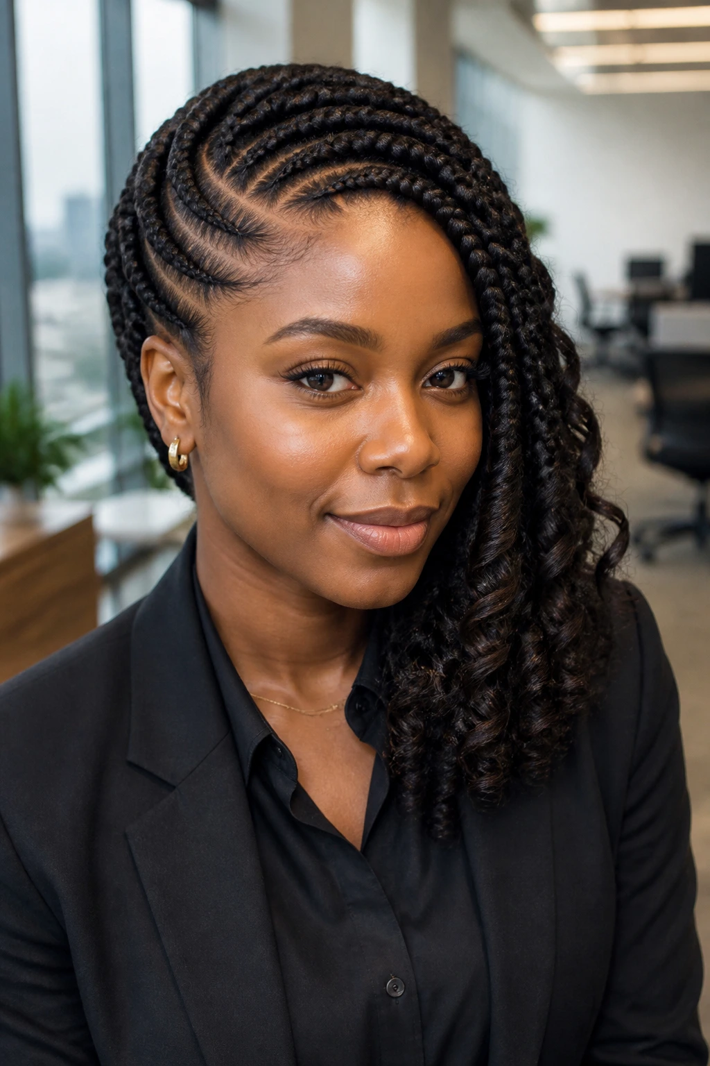 Close-up of a real woman with side-swept chunky cornrows and curled ends in an office