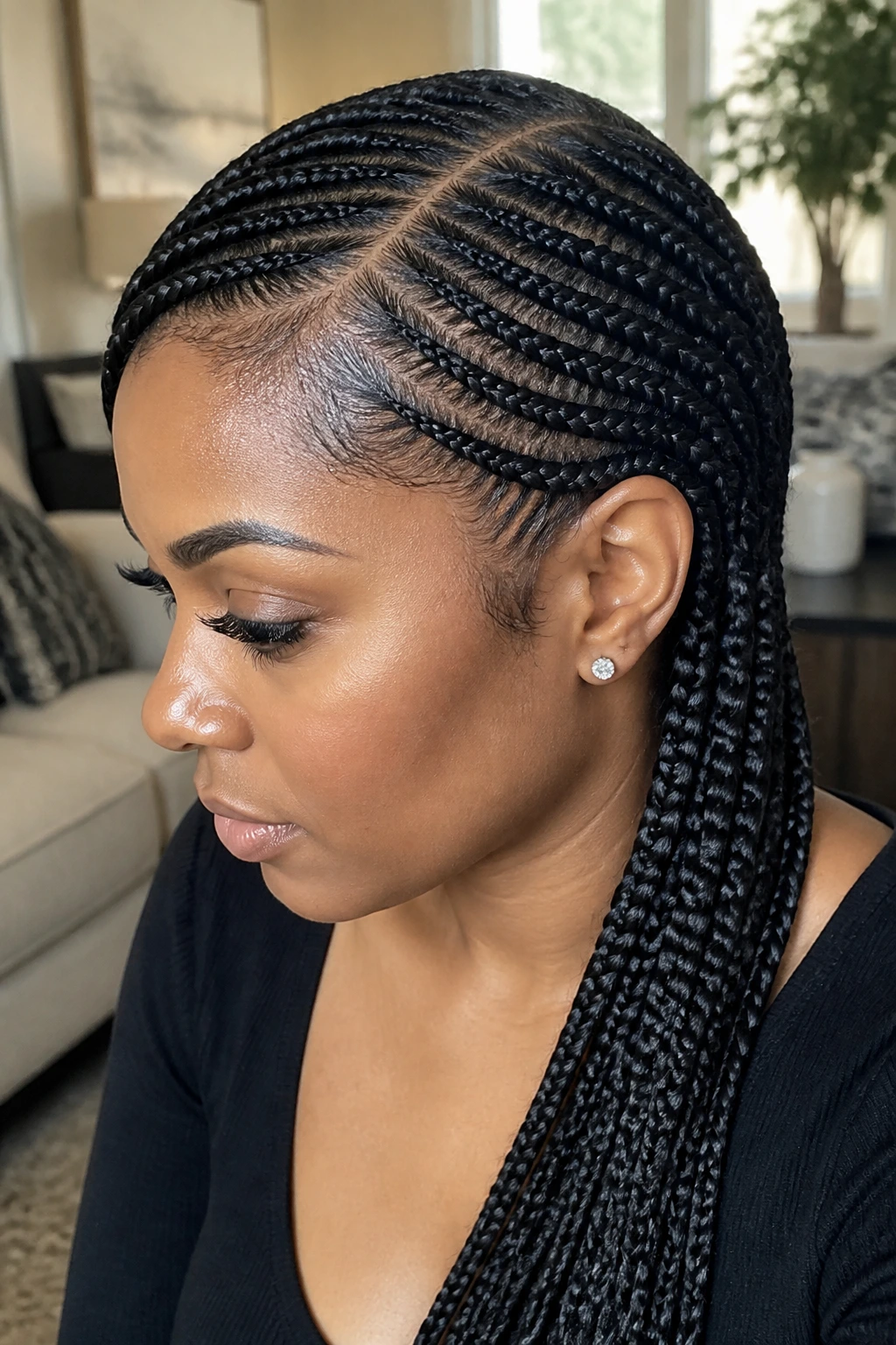Real woman with side-swept cornrows and a deep-part wig in warm indoor light