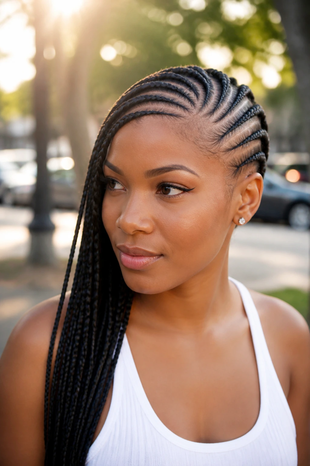 Close-up portrait of a real woman with side-swept cornrows in warm afternoon light