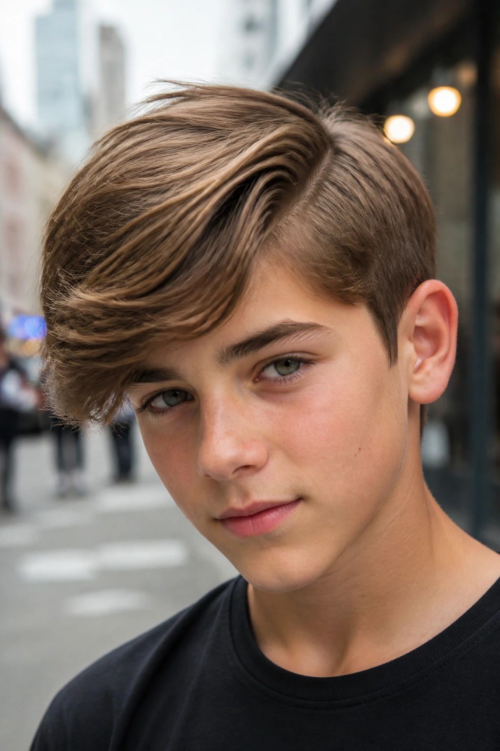 Boy with side-swept part taming a cowlick in daylight street setting