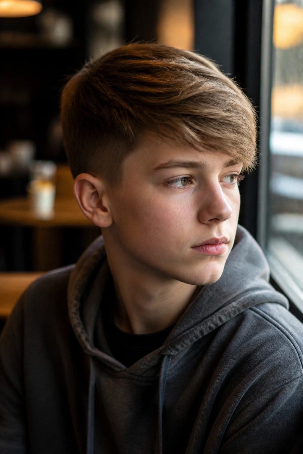Close-up of a real boy with a side-swept crop in a cafe window seat.