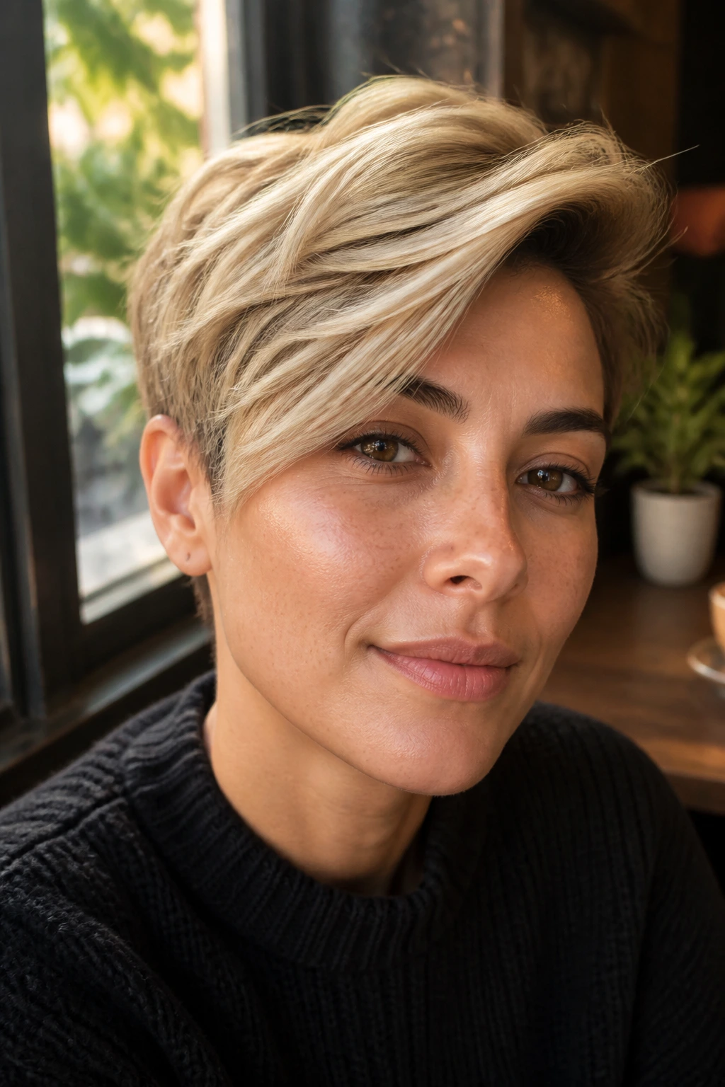 Close-up portrait of a real person with Side-Swept Crop in Cream Soda Light on olive skin