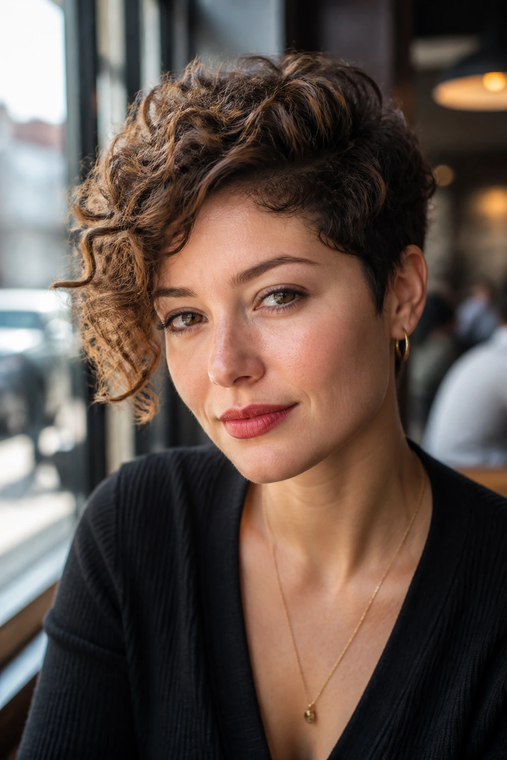 Close-up of a real person with side-swept curls in daylight.