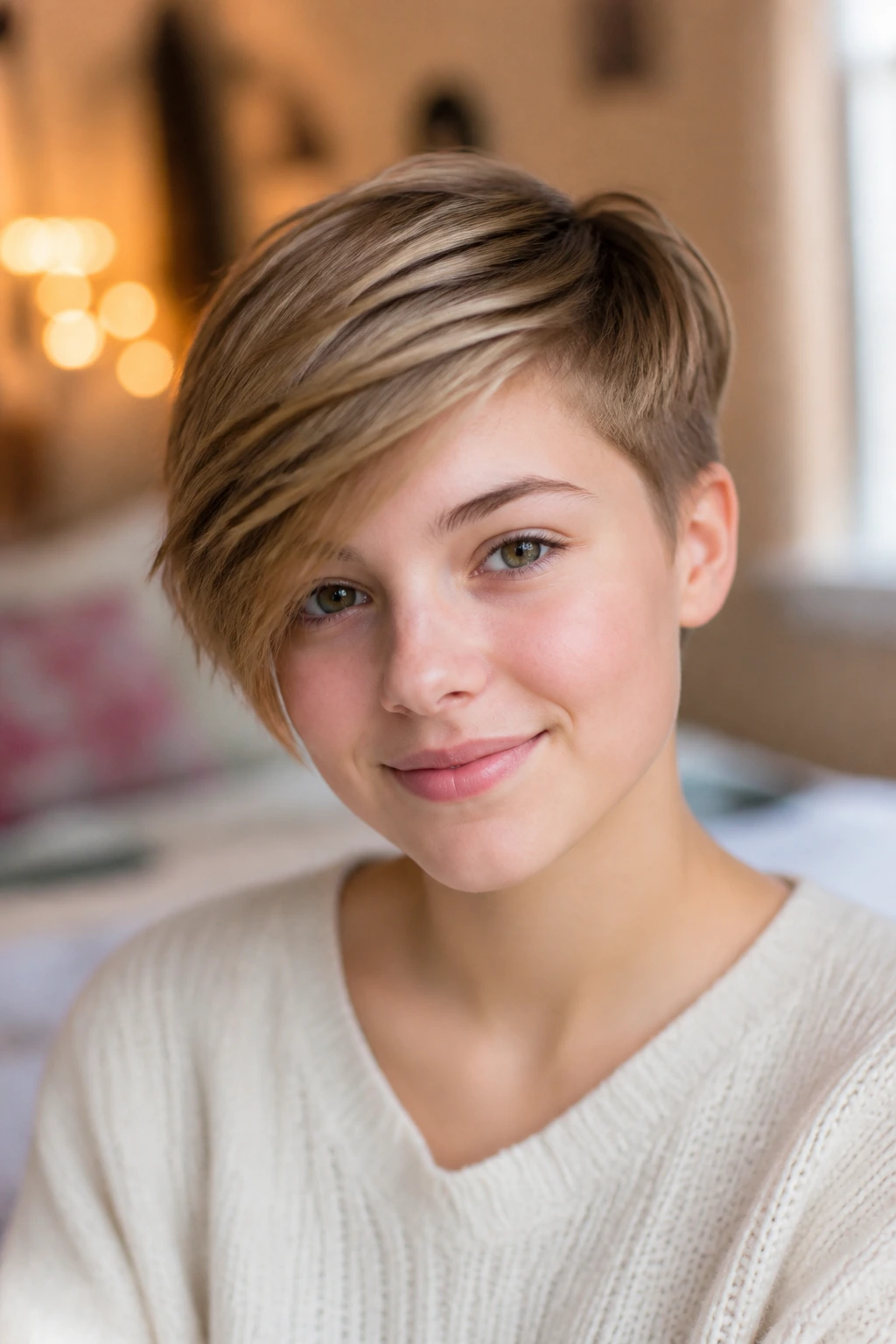 Teenage girl with side-swept crop hairstyle in softly lit bedroom