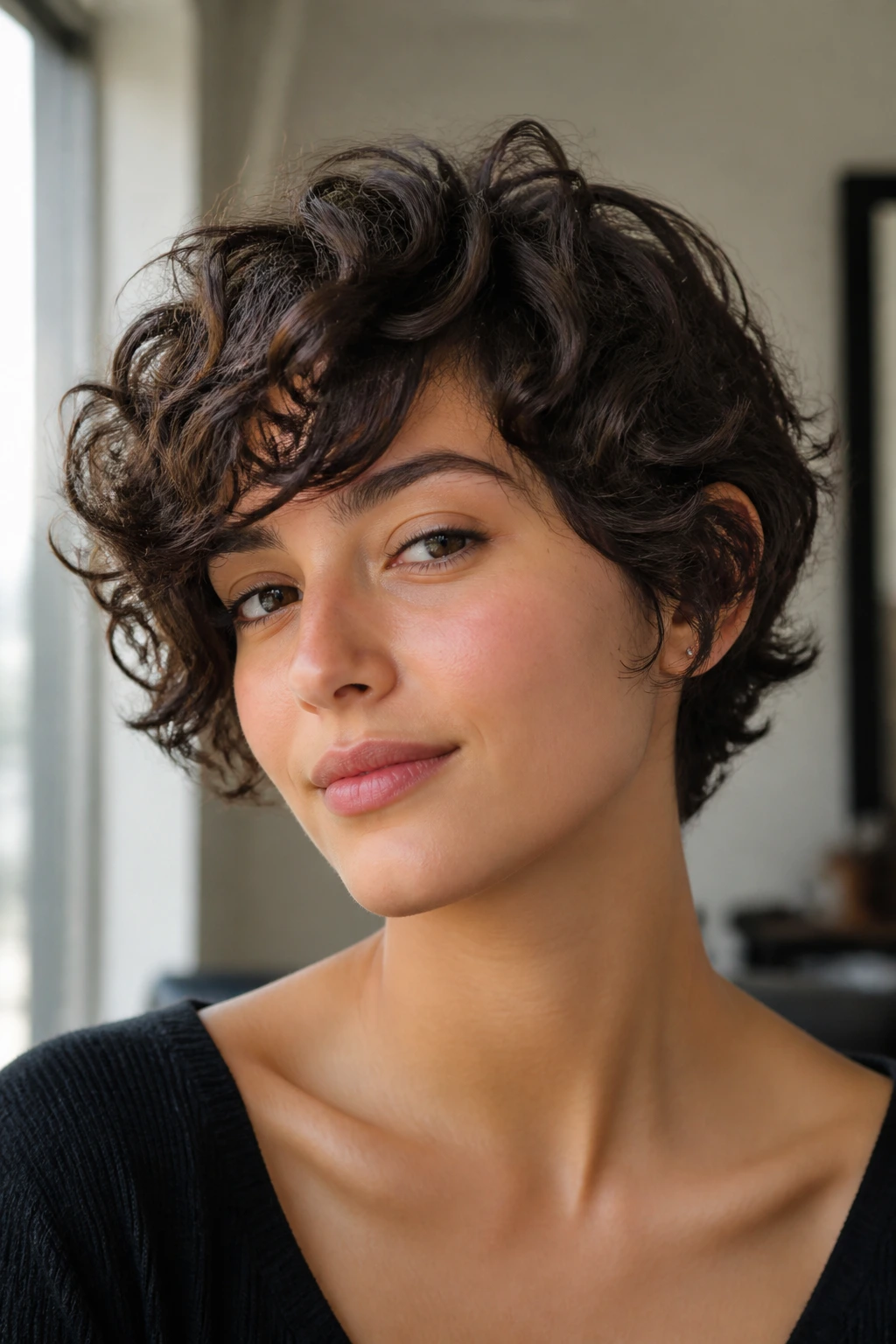 Close-up of a person with a side-swept crop softening the jawline