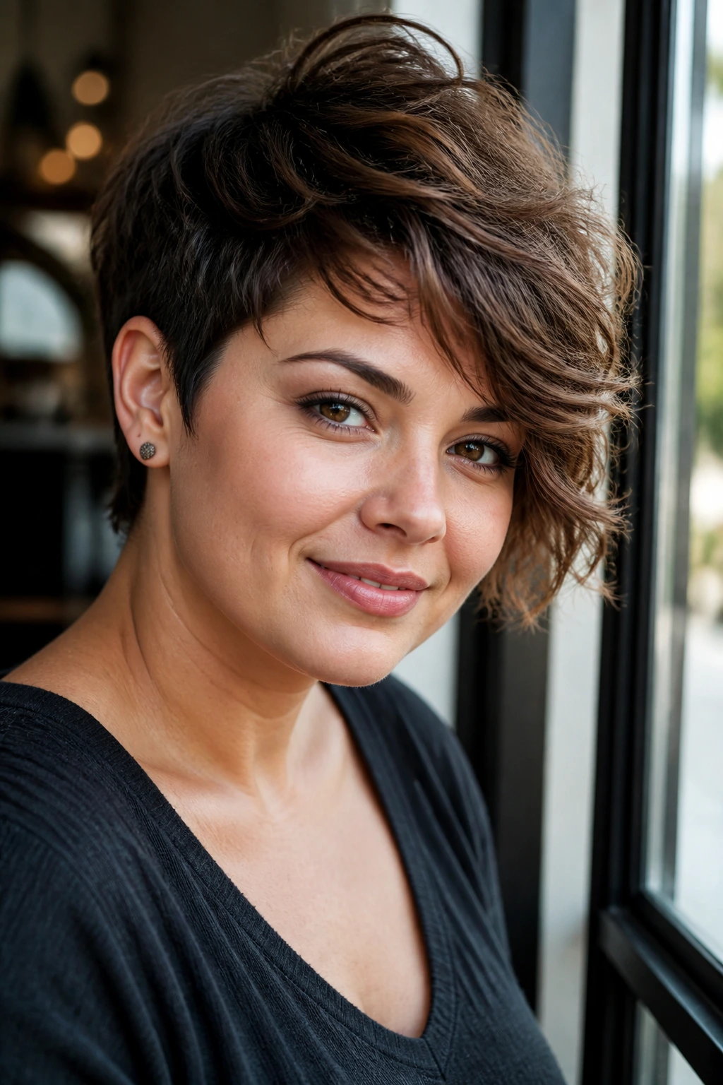 Real woman with a side-swept layered crop in a window-lit urban setting