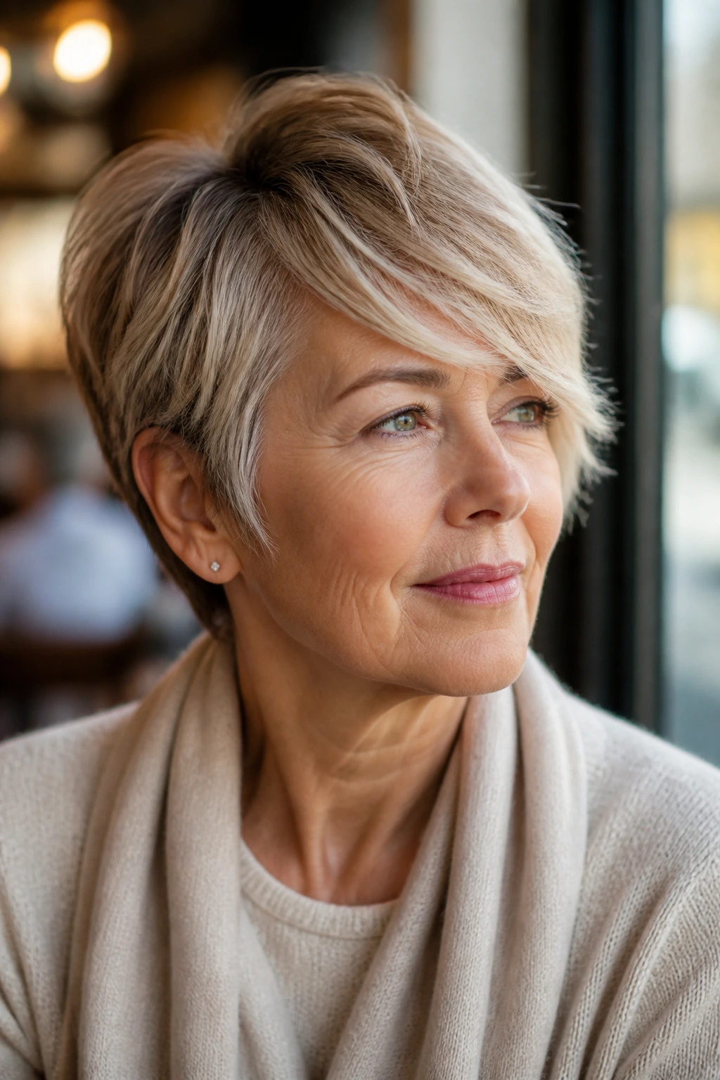 Close-up of a real woman with a short layered crop and side-swept top