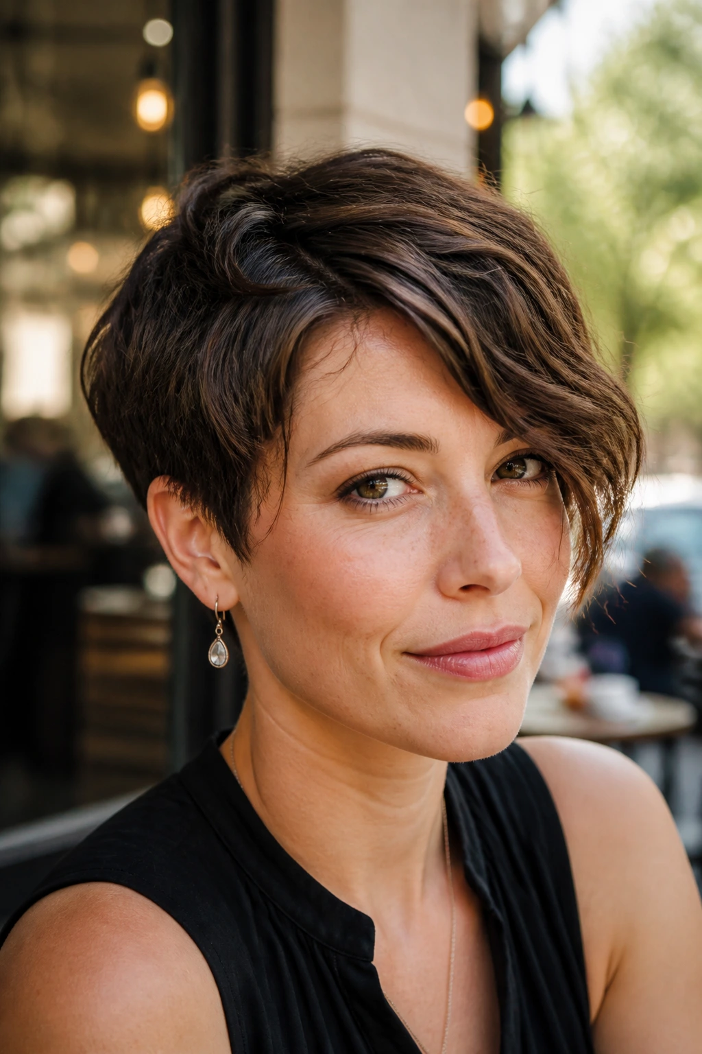 Portrait of real person with side-swept crop hair