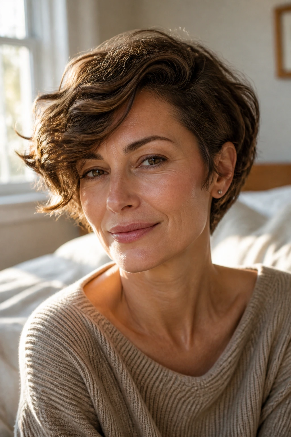 Close-up of a woman with a side-swept rounded crop in warm window light