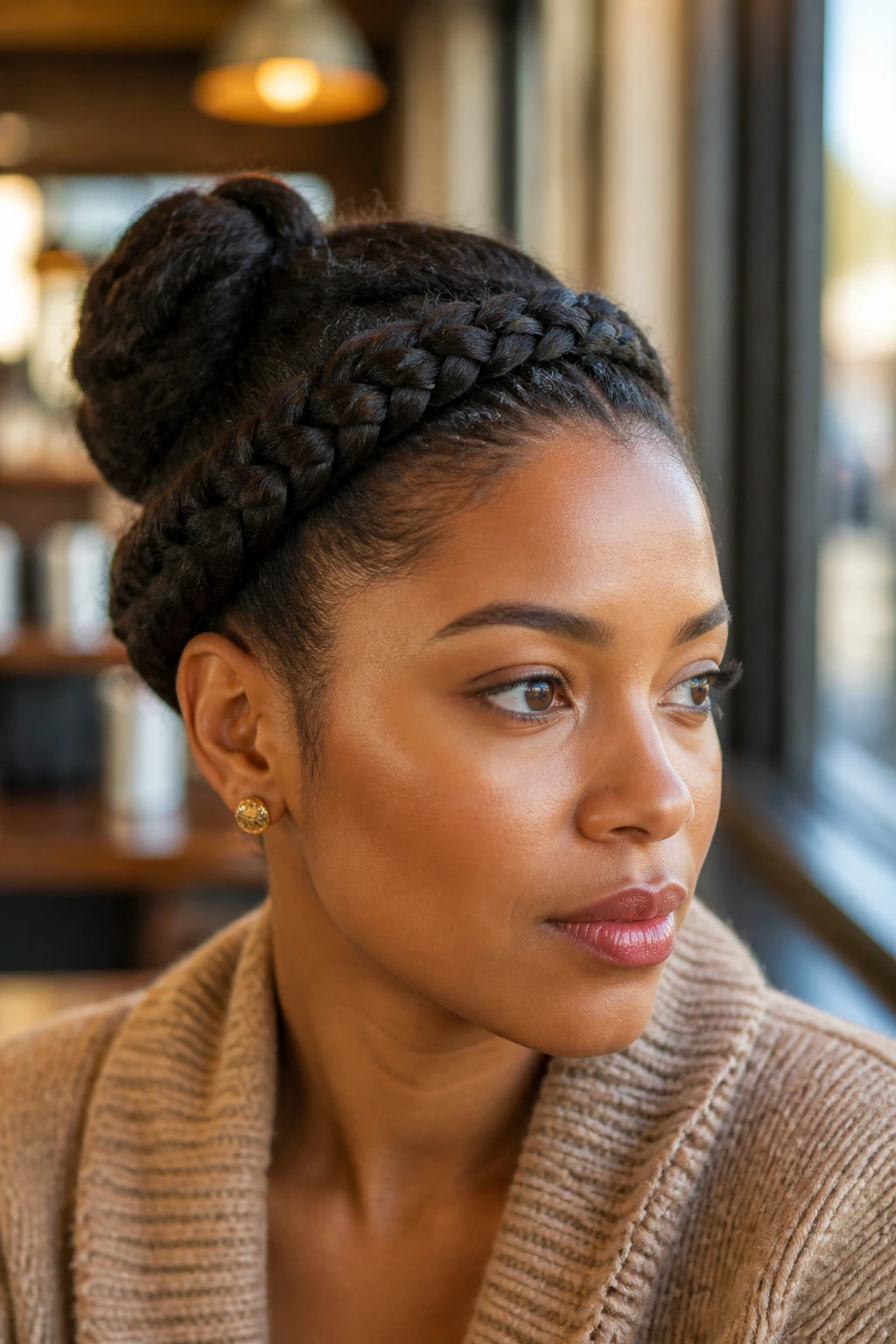 Close-up of a woman with a side-swept crown braid bun