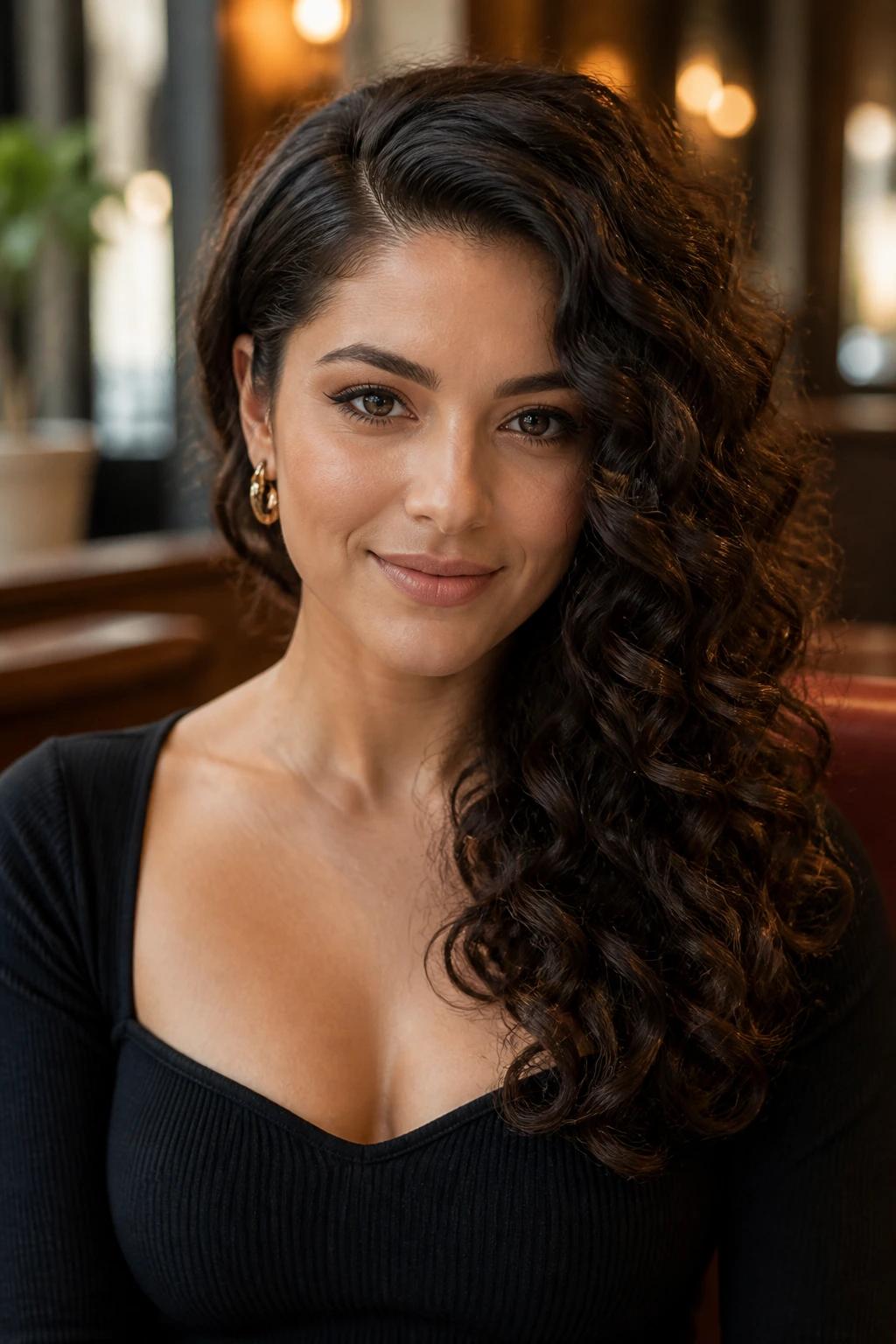 Portrait of a woman with side-swept curl cascade.